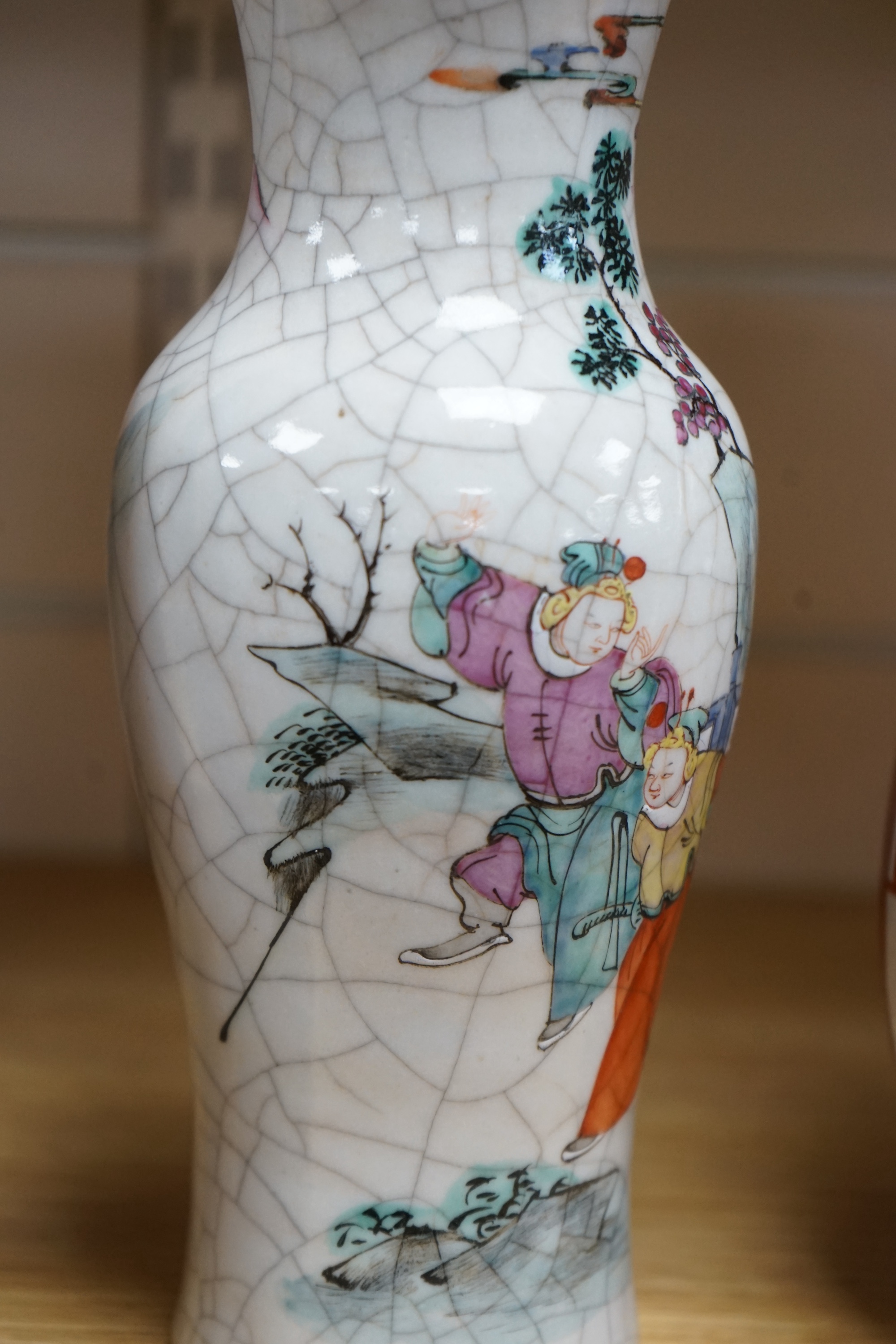 A Chinese famille rose crackle glaze vase and another Japanese vase, 30.5cm. Condition - good